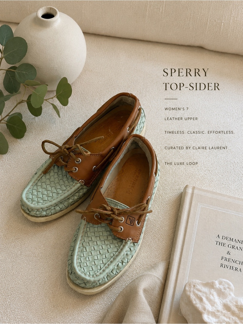 Sperry Mint Green Woven Leather & Brown Trim Boat Shoes